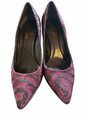 Delman Italian Brocade Pointed Toe Stiletto Pumps - Purple & Black - 8.5